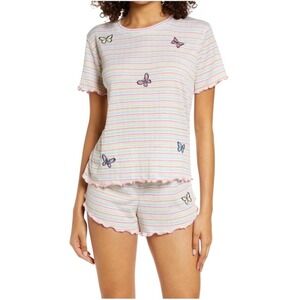 Emerson Road Pajama Set Women Large Yellow Pink‎ Striped Butterfly Sleepwear NWT
